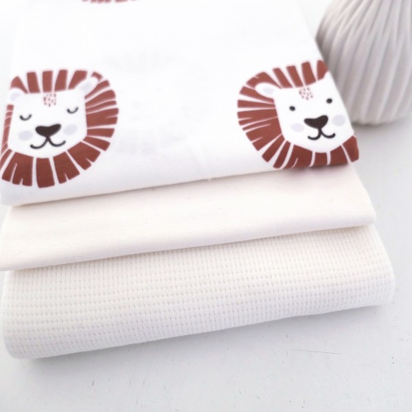 Jersey Stoffpaket, Löwenköpfe Natur/Braun, Waffelstrick Naturweiß, 50cm Bündchen