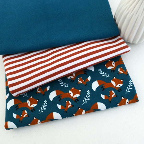 Stoffpaket Jersey, 'Füchse' Petrol, Streifen 50cm Bündchen