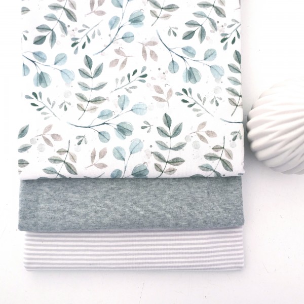 Jersey Stoffpaket, Zweige, Blätter, Mint, Ringel, Hellgrau, 50cm Bündchen