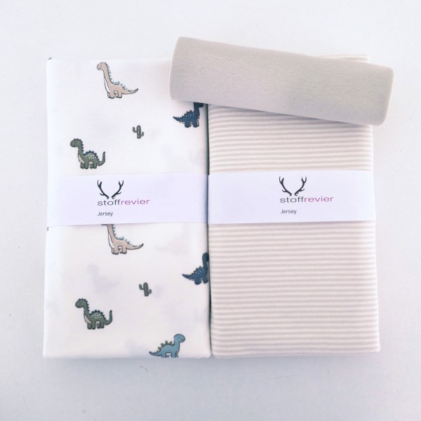 Stoffpaket Jersey, Dinosaurier Off-White, Ringel Creme, 50cm Bündchen
