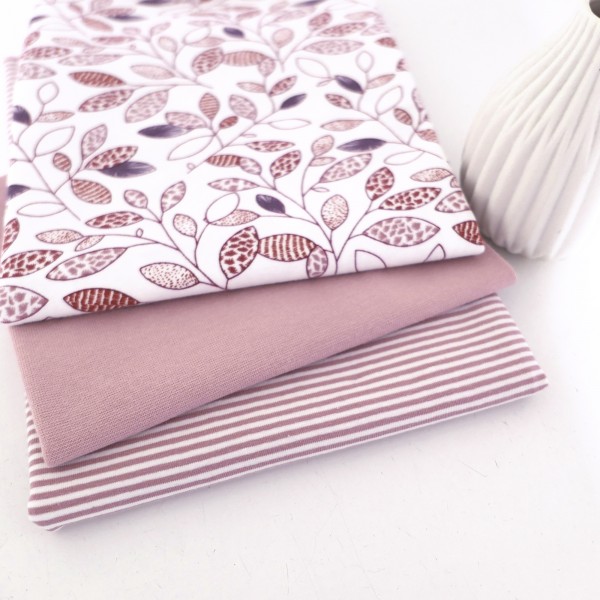 Jersey Stoffpaket, Blätter, Zweige, Ringel, Bündchen Altrosa