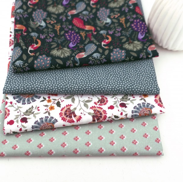 4 x 50 x 140 cm, Stoffpaket, Pfauen, Punkte, Blumen, Baumwolle