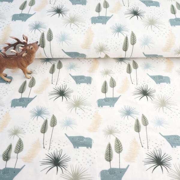 Jersey Elefanten, Bäume, Off-White, Meterware