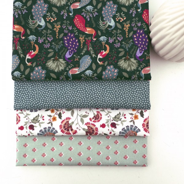 4 x 50 x 140 cm, Stoffpaket, Pfauen, Punkte, Blumen, Baumwolle