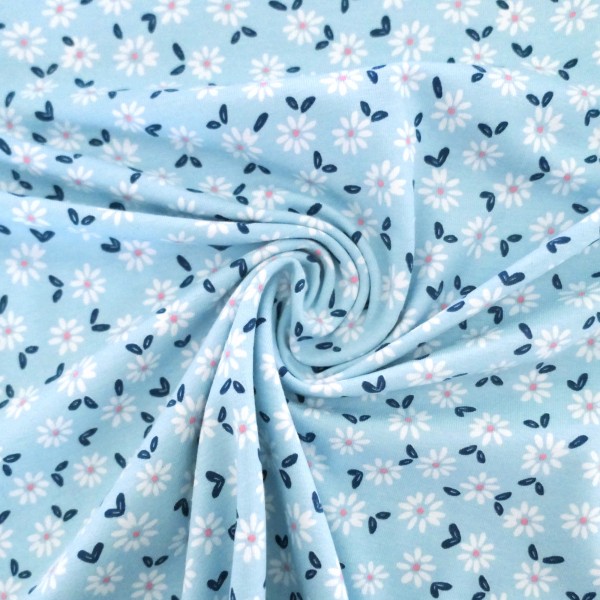 Jersey 'Gänseblümchen', Weiß auf Hellblau, Meterware