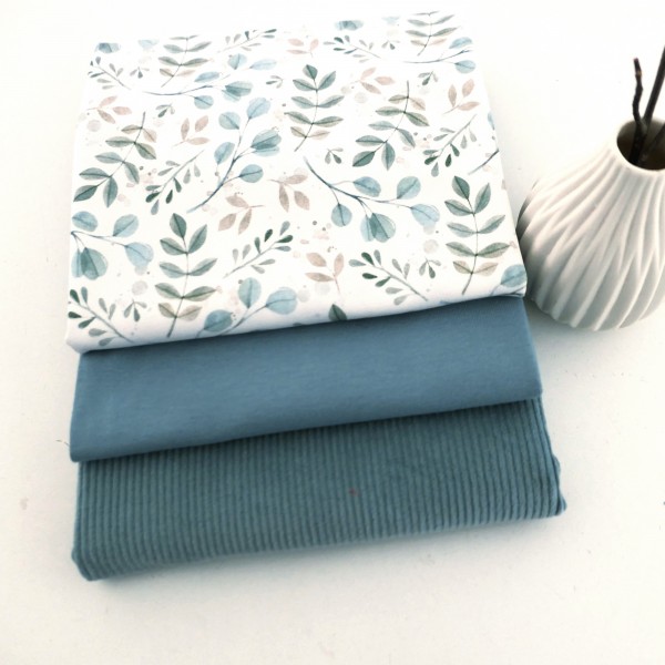 Stoffpaket Jersey Zweige, Blätter, Cordjersey Uni Mint, Bündchen