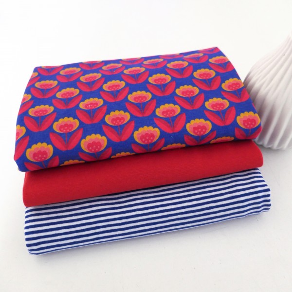 Stoffpaket Jersey, Retroblume, Blau, Ringel, 50 cm Bündchen Rot