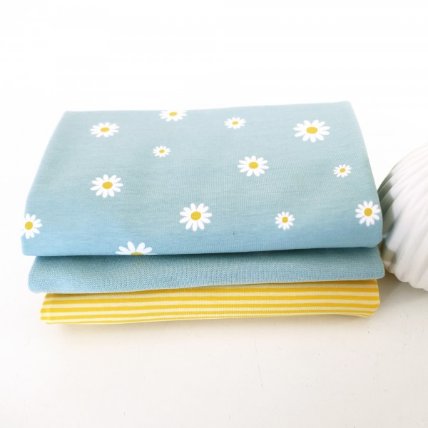 Stoffpaket Jersey, Margheriten, Mintblau, Ringel Gelb, Bündchen