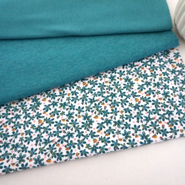 Stoffpaket Jersey 'Streublumen', Petrolblau, Uni meliert, Bündchen