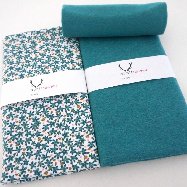 Stoffpaket Jersey 'Streublumen', Petrolblau, Uni meliert, Bündchen