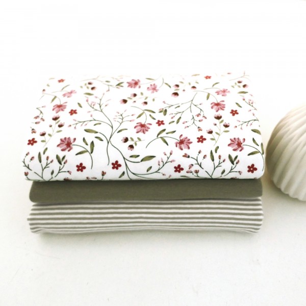 Jersey Stoffpaket, Blumenranken, Ranken, Ringel, 50cm Bündchen Moos