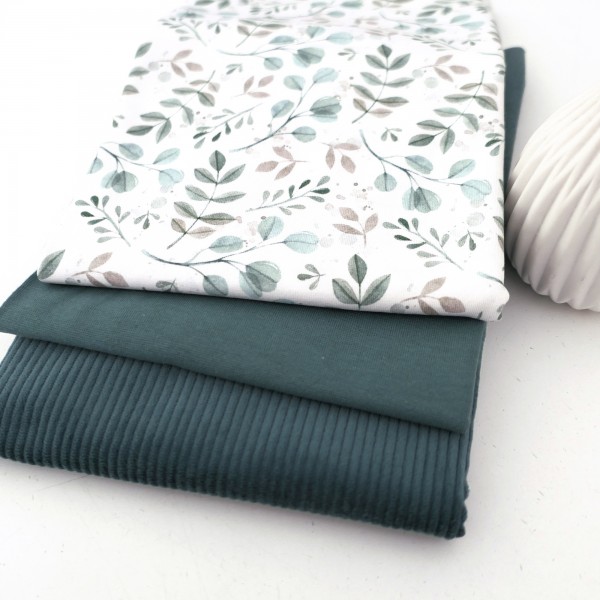 Stoffpaket Jersey Zweige, Blätter, Cordjersey Uni Smaragd, Bündchen