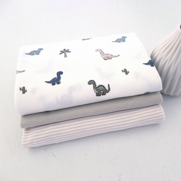 Stoffpaket Jersey, Dinosaurier Off-White, Ringel Creme, 50cm Bündchen