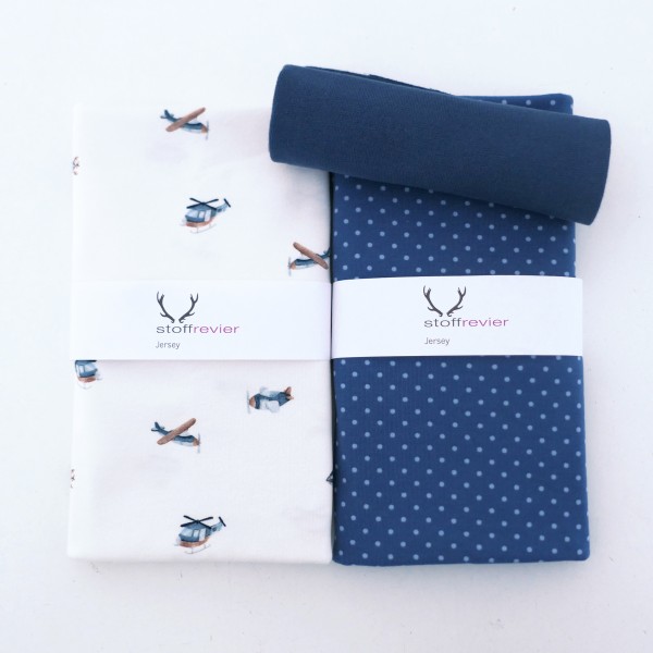 Stoffpaket Jersey Hubschrauber Water Colour, Punkte Mittelblau, 50cm Bündchen