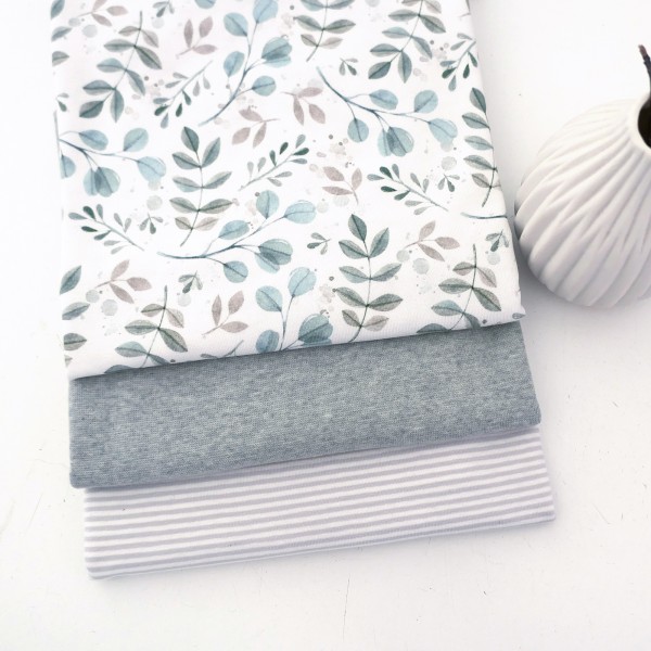 Jersey Stoffpaket, Zweige, Blätter, Mint, Ringel, Hellgrau, 50cm Bündchen