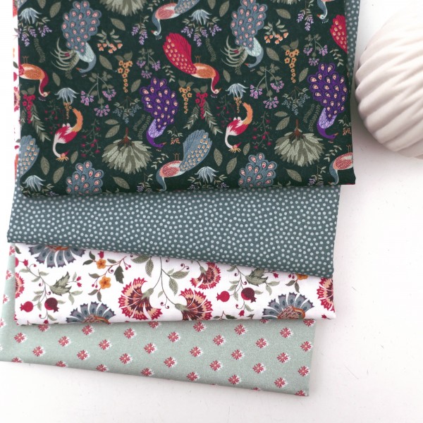4 x 50 x 140 cm, Stoffpaket, Pfauen, Punkte, Blumen, Baumwolle