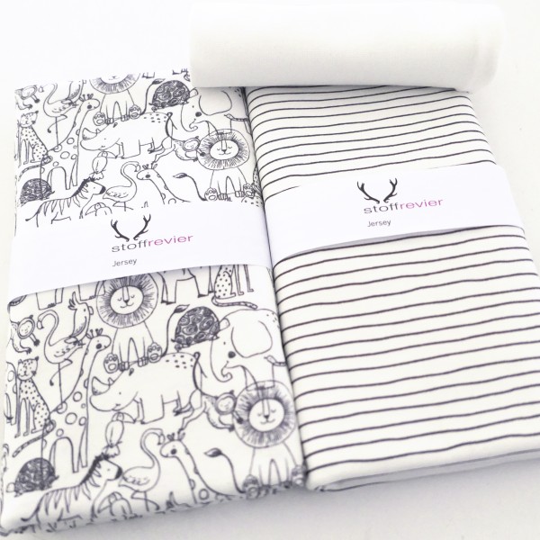 Stoffpaket Jersey, Im Zoo, Linien Off-White, 50 cm Bündchen Natur
