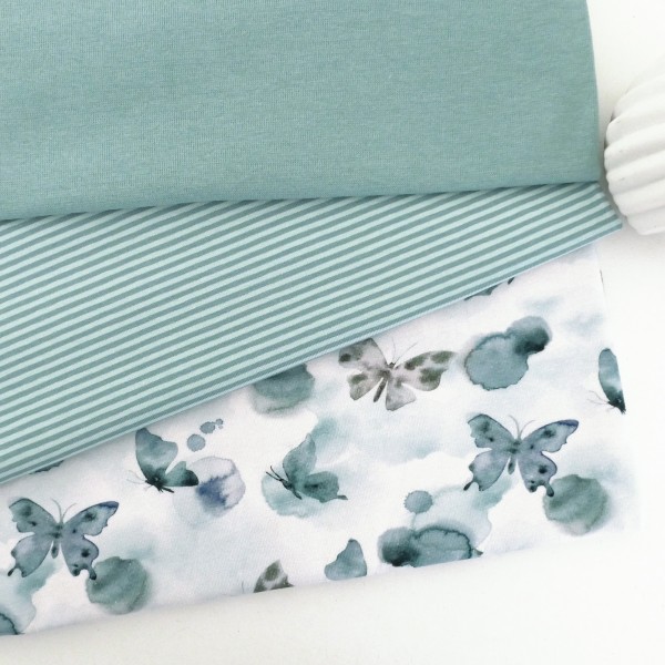 Stoffpaket Jersey Butterfly, Schmetterlinge, Ringel u. 50 cm Bündchen Mint