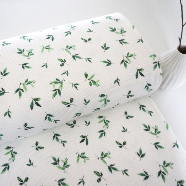 Waffeljersey, Waffelstrick, Zweige, Grün/Naturweiß, Meterware