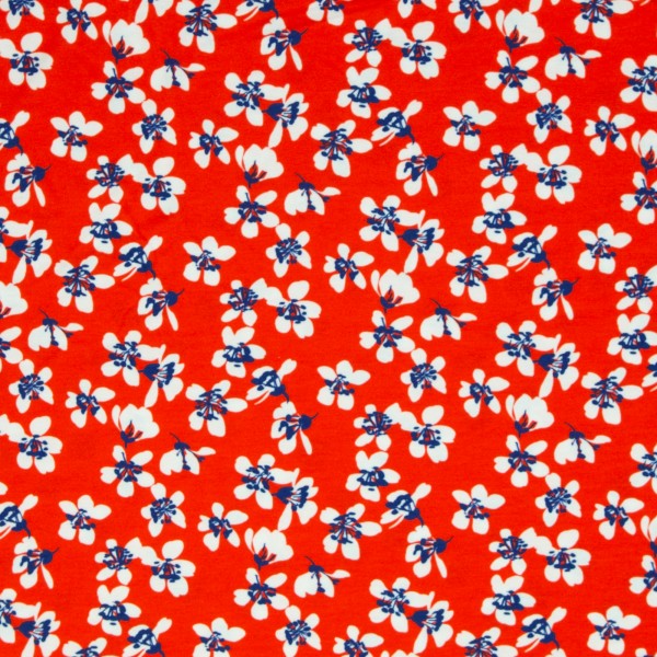 Viskosejersey, Mika, Blüten auf Rot, swafing, Meterware