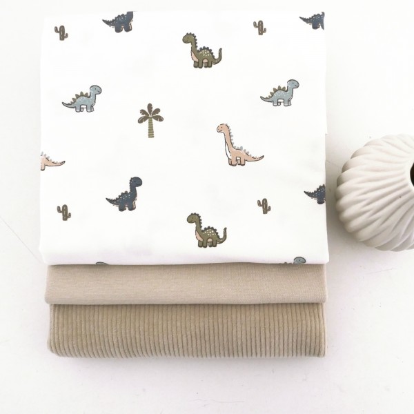 Stoffpaket Jersey Dinosaurier, Off-White, Jersey-Cord Uni Beige, Bündchen