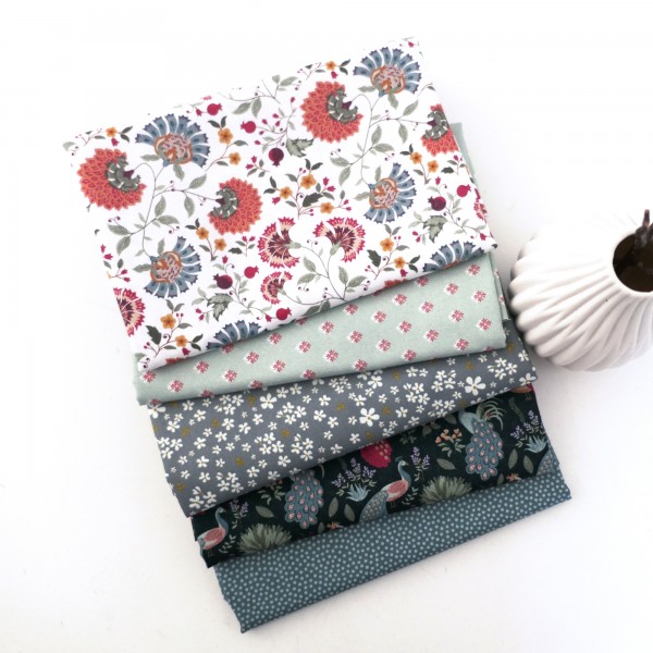 5 x 50 x 140 cm, Stoffpaket, Pfauen, Punkte, Blumen, Baumwolle