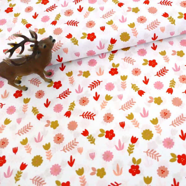 Baumwollstoff, Popelin, Streublumen, Weiß, Rosa, Rot, Gelb, Meterware