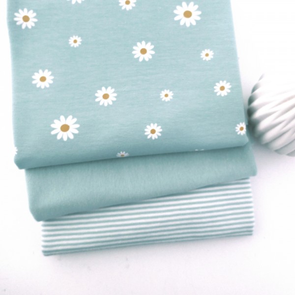 Stoffpaket Jersey, Margheriten, Mintblau, Ringel, Bündchen
