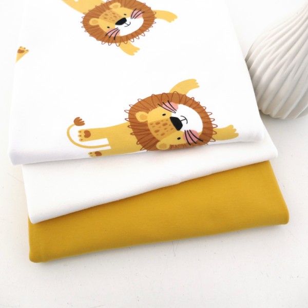 Stoffpaket Jersey 'Wilde Löwen' Off-White, Uni Gelb, 50cm Bündchen