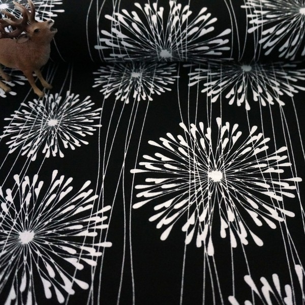 Rest, Halbleinen, Viskose, große Blüten, Schwarz, Meterware