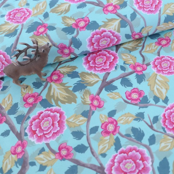 Samt, Boho Velvet, große Blüten, Äste, Mint, Pink, swafing, Meterware