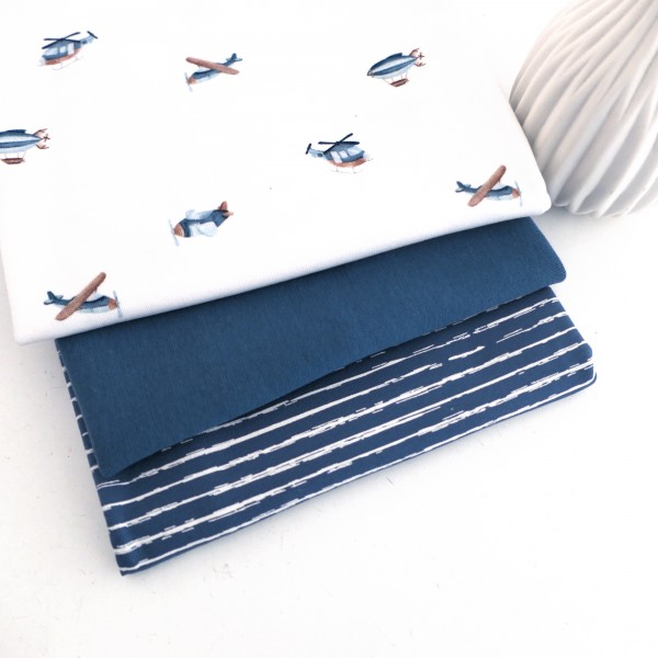 Stoffpaket Jersey, Flugobjekte, Helikopter, Linien, 25 cm Bündchen Blau