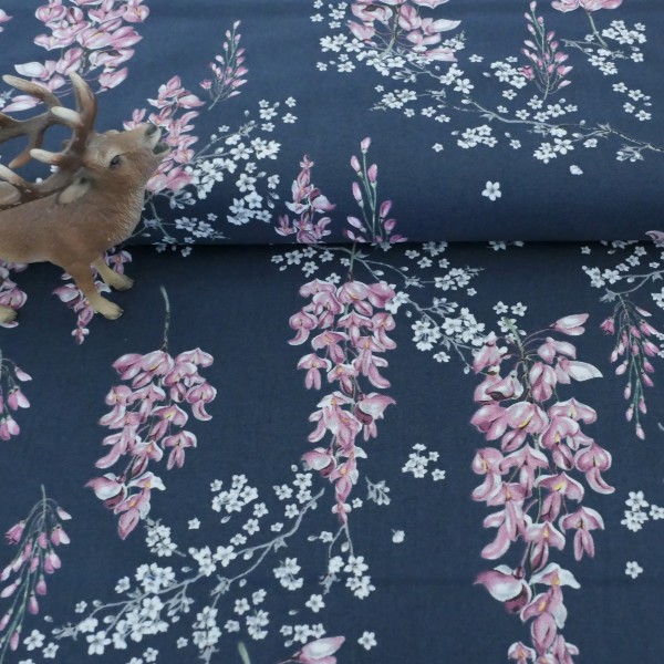 Baumwollstoff, Wisteria, Blauregen, Dunkelblau, Meterware