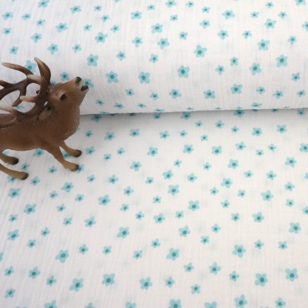 Musselin, Double Gauze, kleine Blume, Weiß/Aqua, Meterware