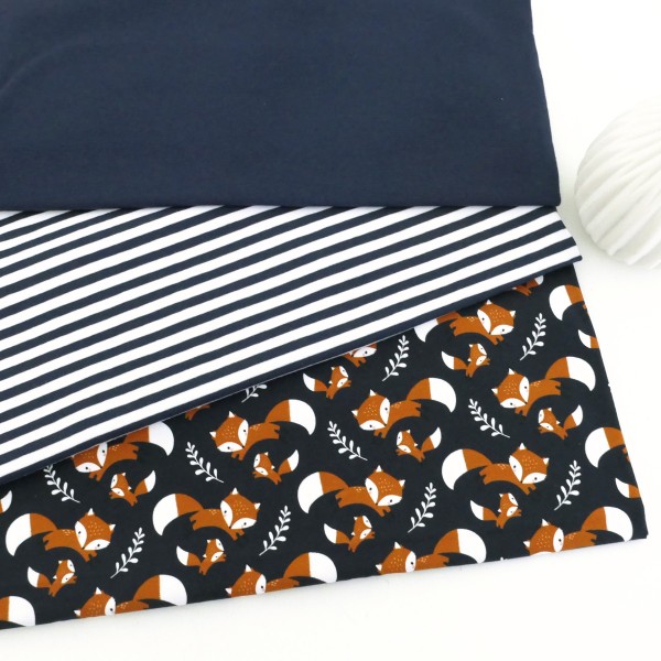 Jersey Stoffpaket 'Füchse' Blau, Streifen Blau, 50cm Bündchen