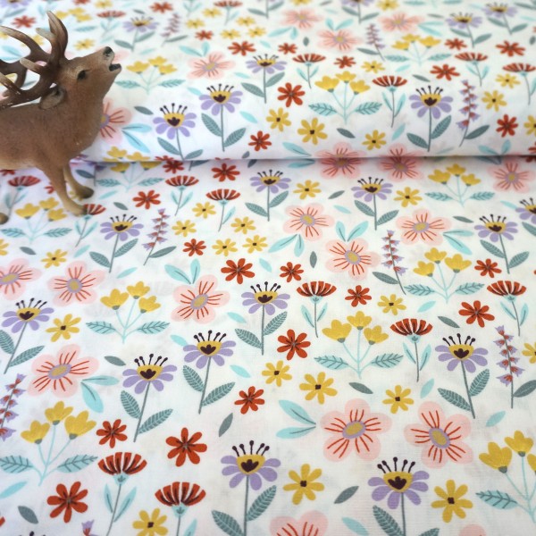 Baumwollstoff, Popelin, Sommmerwiese, Weiß, Meterware