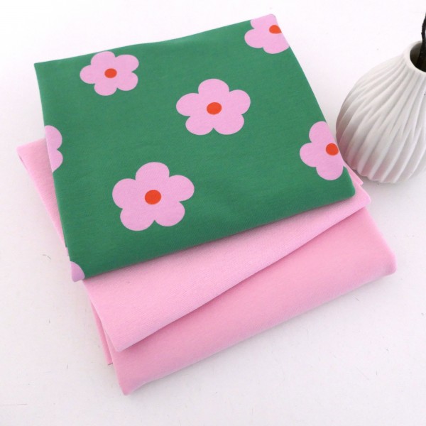 Jersey Stoffpaket, Prilblumen, Blüten, Rosa/Grün, French Terry Uni Rosa, 50cm Bündchen-Copy