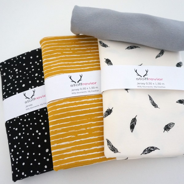 Jersey Stoffpaket 'Black, White, Mustard' Federn, Linien, Kleckse