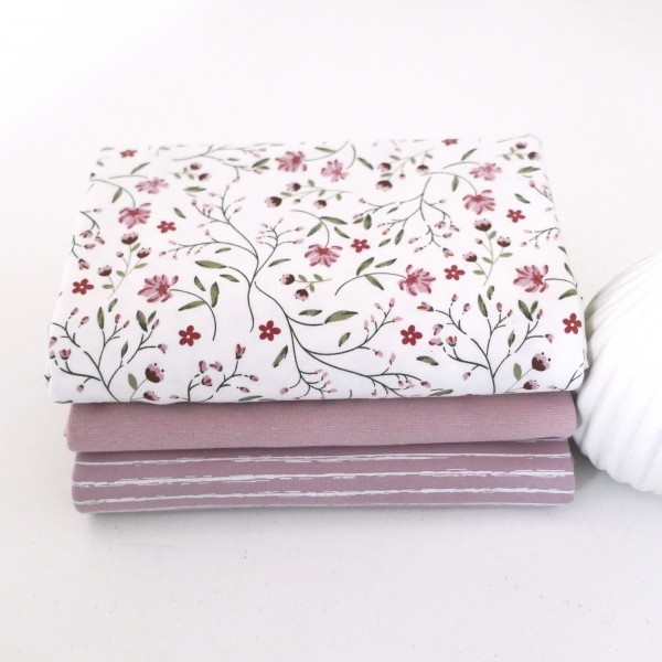 Jersey Stoffpaket, Blumenranken, Ranken, Linien, 50cm Bündchen Softrose