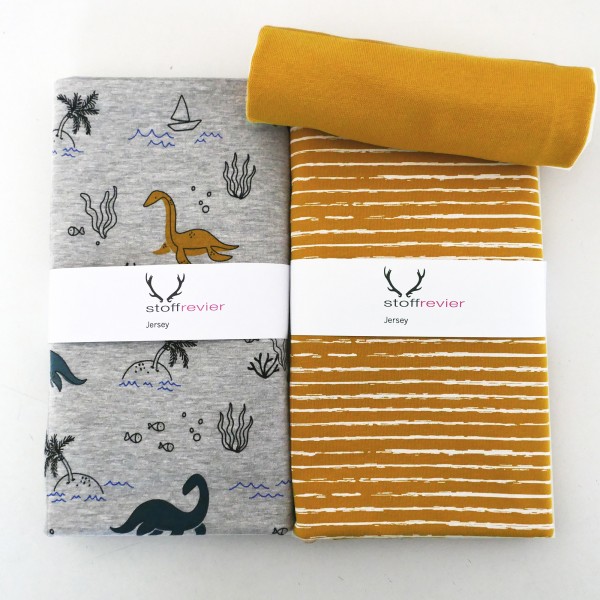 Stoffpaket Jersey, Dinos Hellgrau/Bunt, Linien Senf, 50cm Bündchen