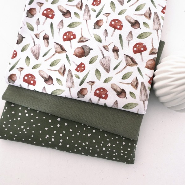 Jersey Stoffpaket, Pilze und Eicheln Weiß, Kleckse, Moos, 50cm Bündchen