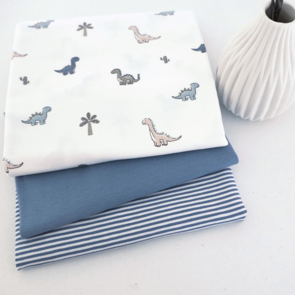 Stoffpaket Jersey, Dinosaurier Off-White, Ringel Blau, Bündchen