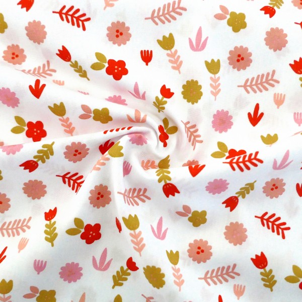 Baumwollstoff, Popelin, Streublumen, Weiß, Rosa, Rot, Gelb, Meterware