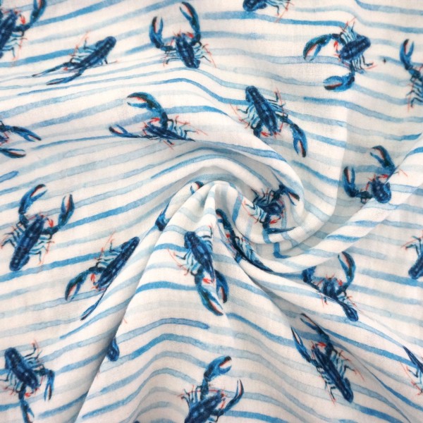 Musselin, Double Gauze, Lobster, Weiß/Blau, Meterware