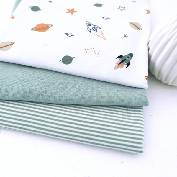 Stoffpaket Jersey 'Space' Weiß, Ringel Mint, Bündchen