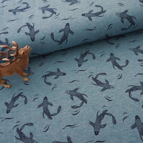 Jersey 'Kois' Fische, Rauchblau, meliert, Meterware