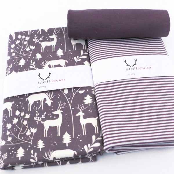 Stoffpaket Jersey, 'Miniwinter', Rotwild, Ringel Mauve, 50cm Bündchen
