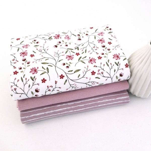Jersey Stoffpaket, Blumenranken, Ranken, Linien, 50cm Bündchen Softrose