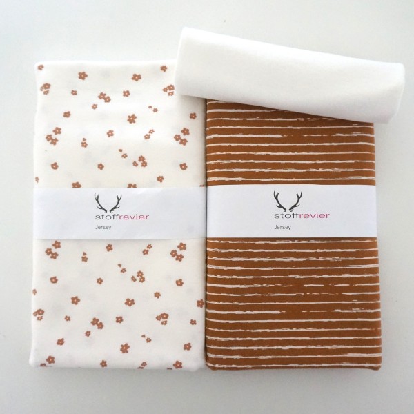 Stoffpaket Jersey Streublumen, Linien Camel, 50cm Bündchen