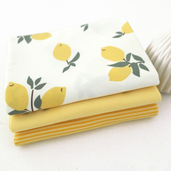 Stoffpaket Jersey, große Zitronen, Ringel Gelb, 50 cm Bündchen